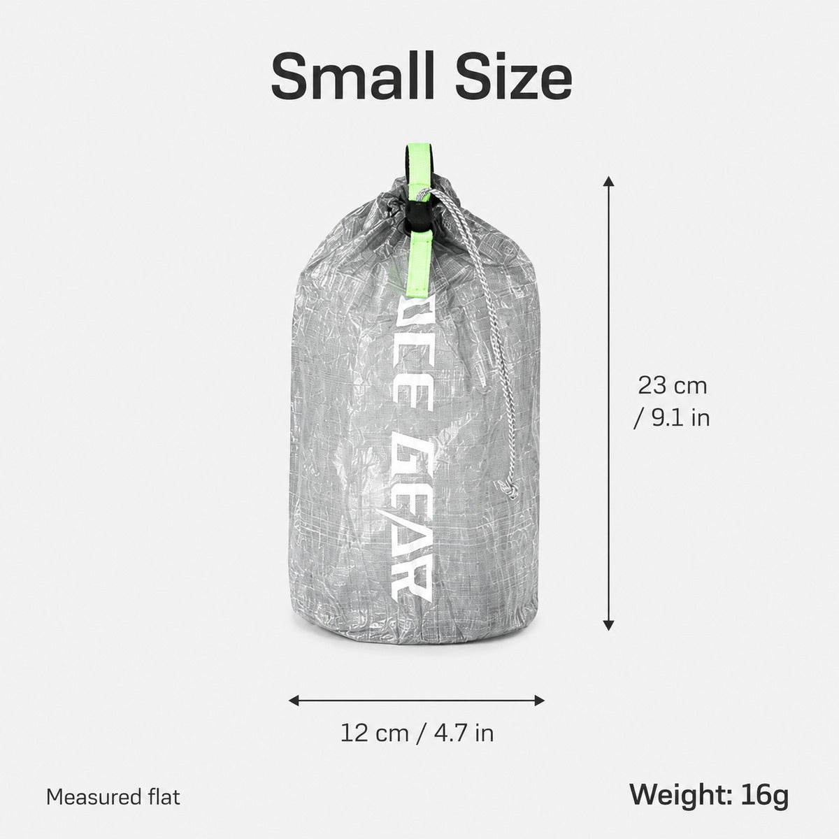 Small Dyneema stuff sack size guide 23 by 12 cm