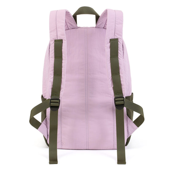 Back panel view showing padded shoulder straps, olive webbing, adjusters, and top handle