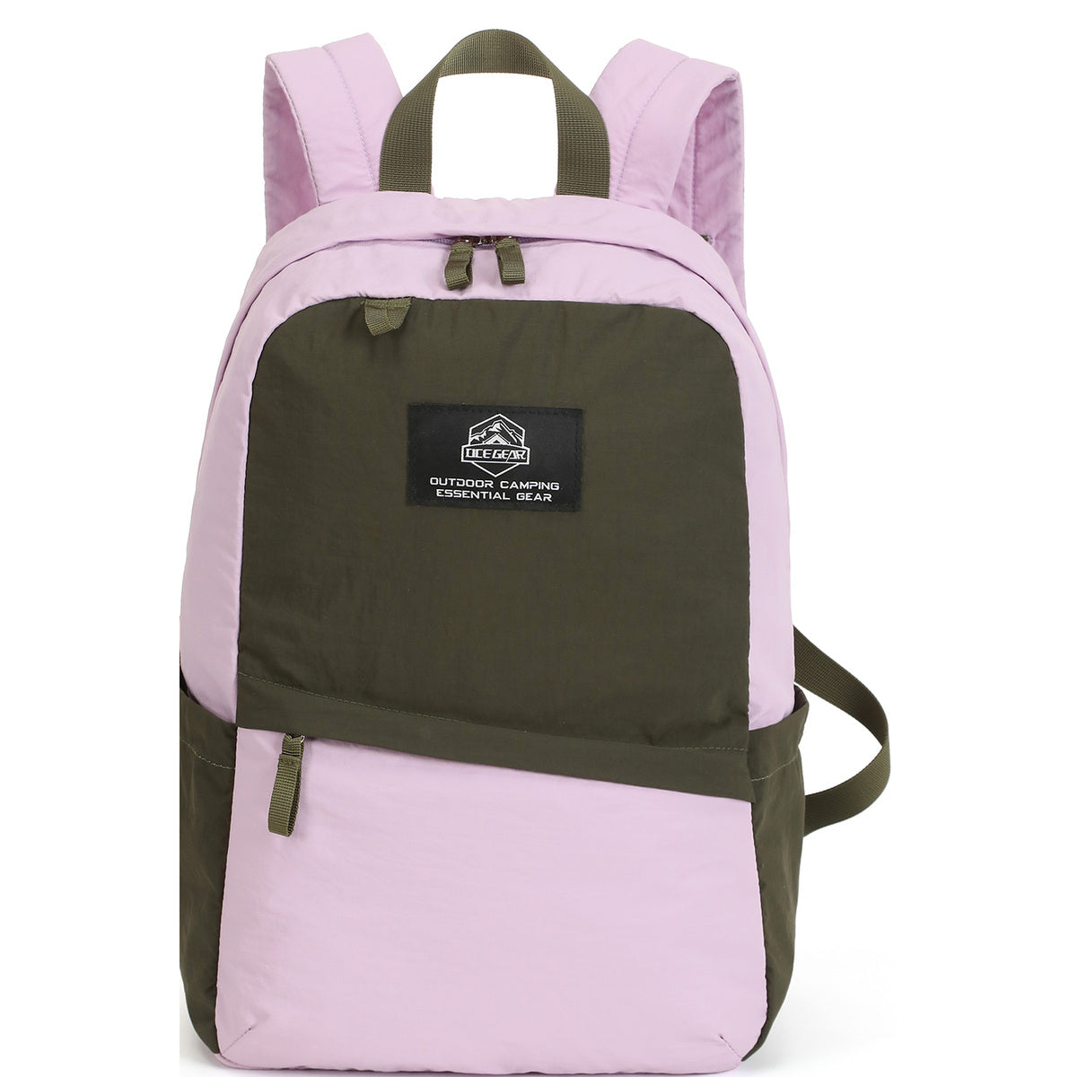 Lavender Pink and Olive multi-function backpack front view with OCE GEAR logo patch