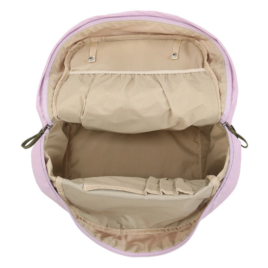 Beige interior layout with snap tabs, elastic pocket, and lower organizer sections