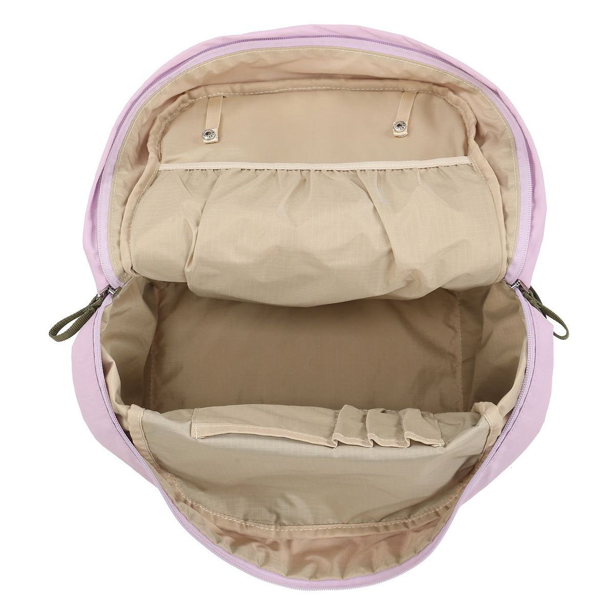 Beige interior layout with snap tabs, elastic pocket, and lower organizer sections