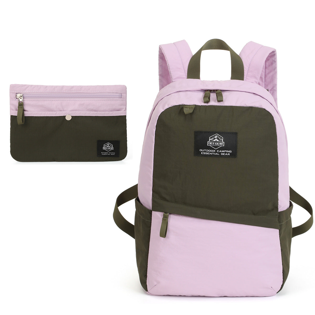 OCE GEAR Urban Escape backpack in Lavender Pink and Olive with matching organizer pouch