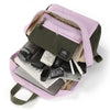 Open backpack with daily carry items, front organizer pouch, and beige lining visible