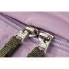 Close-up of metal zipper sliders with olive webbing zipper pulls