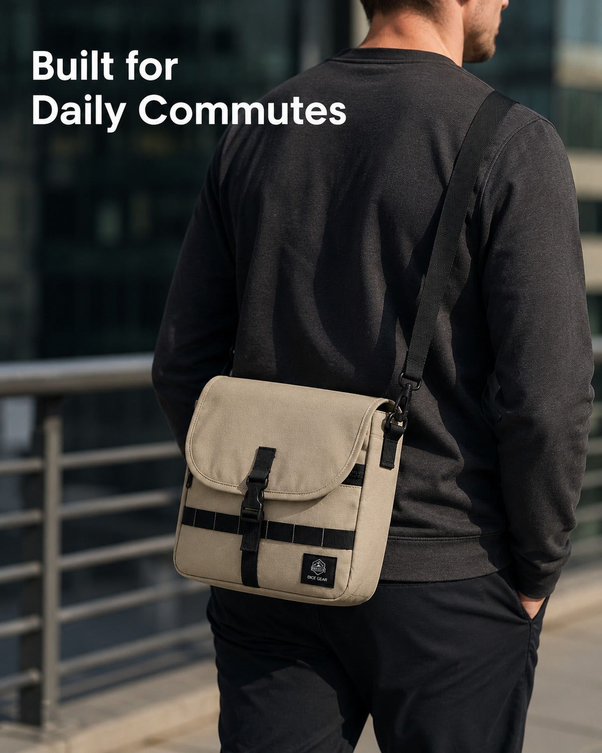 OCE GEAR Sand Beige crossbody messenger bag worn for daily urban commuting