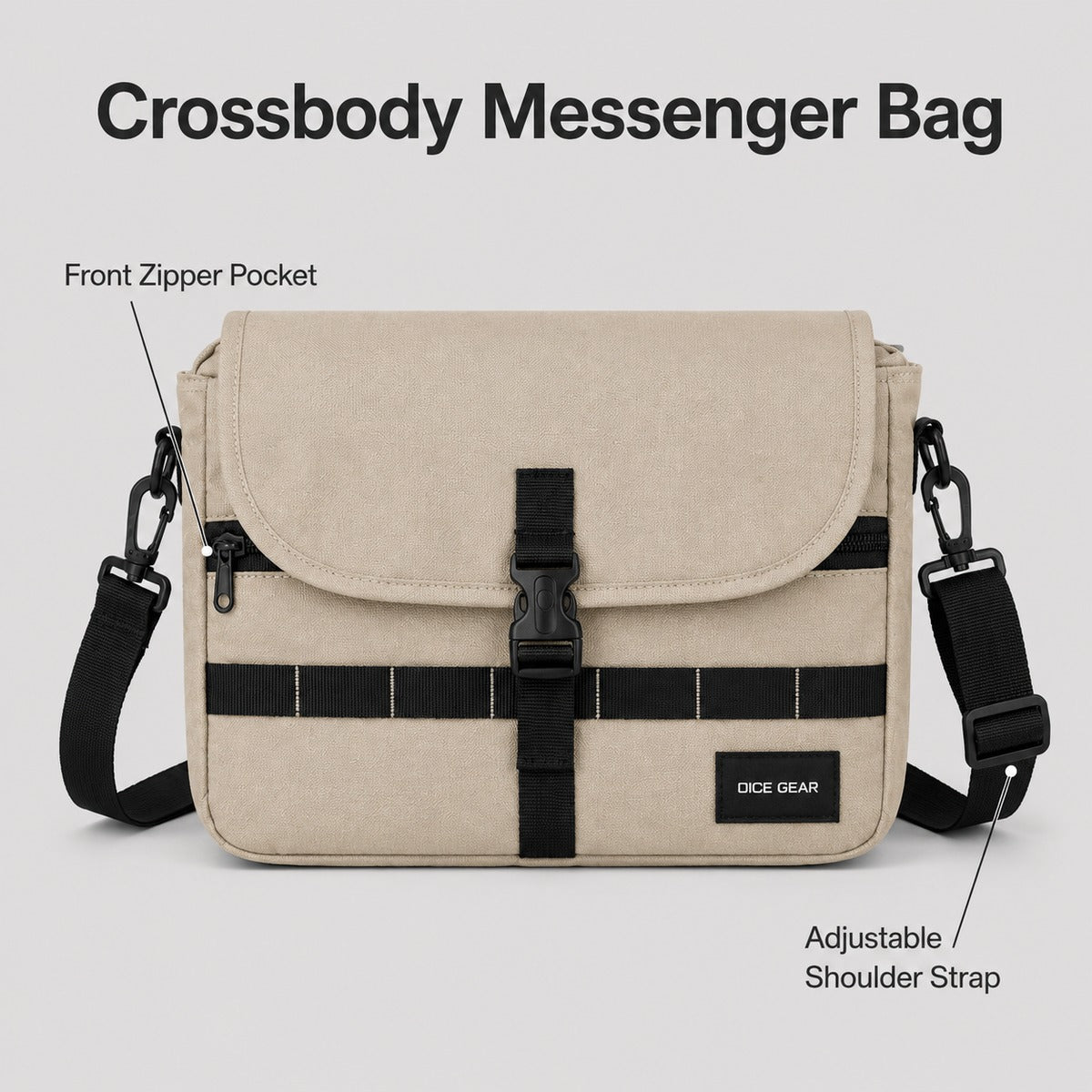 OCE GEAR Sand Beige crossbody messenger bag with flap closure, black buckle strap, and front zipper pocket