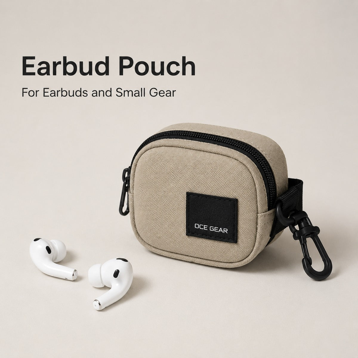 OCE GEAR Sand Beige compact earbud pouch with zipper and attachment strap