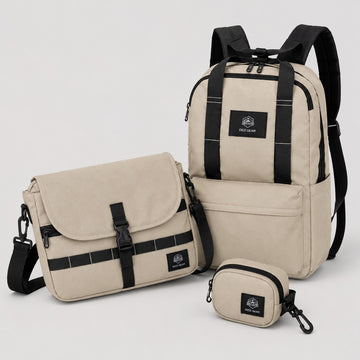 OCE GEAR Urban Escape 3-piece travel bag set in Sand Beige with backpack, crossbody bag, and earbud pouch