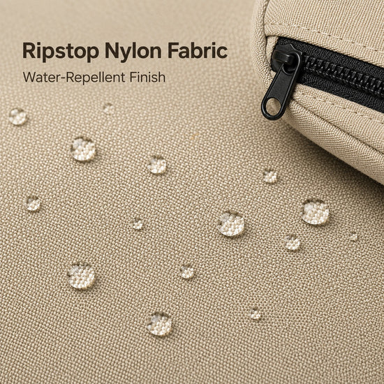Close-up of Sand Beige ripstop nylon fabric with water-repellent texture