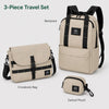 Sand Beige OCE GEAR travel set showing backpack, crossbody messenger bag, and compact earbud pouch