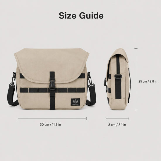 OCE GEAR crossbody messenger bag size guide showing 30 by 25 by 8 cm dimensions
