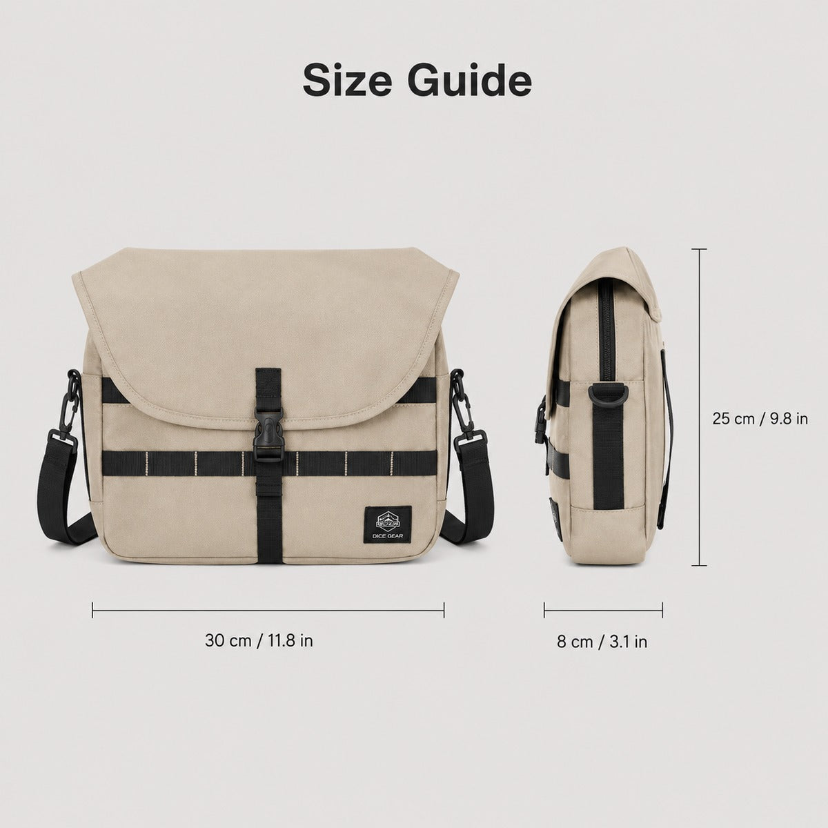 OCE GEAR crossbody messenger bag size guide showing 30 by 25 by 8 cm dimensions