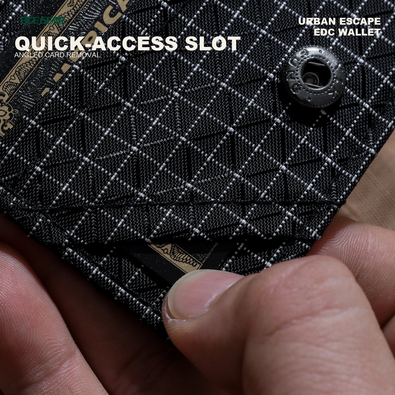 OCE GEAR tri-fold wallet angled quick-access card slot detail