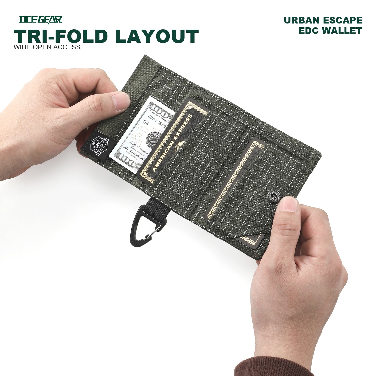 Tri-fold mini wallet with wide open layout and card slots