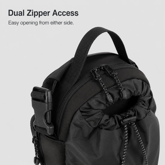 Dual zipper access on compact outdoor bottle bag