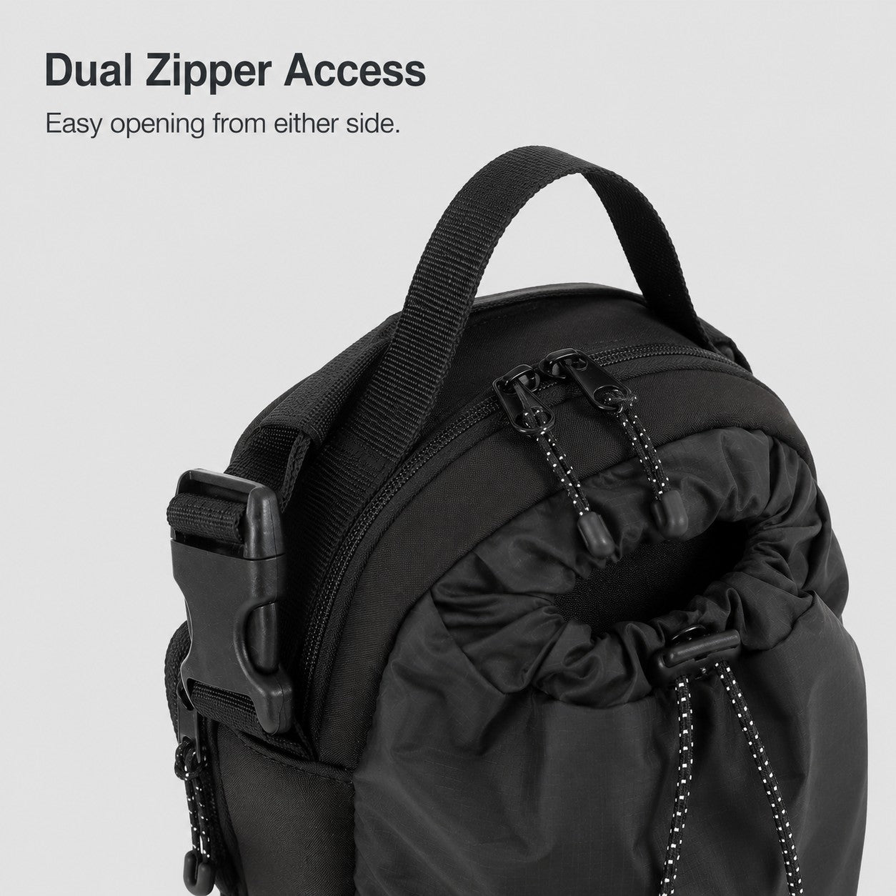 Dual zipper access on compact outdoor bottle bag