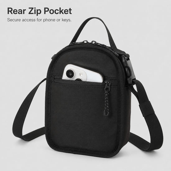 Rear zip pocket for phone and keys on water bottle sling