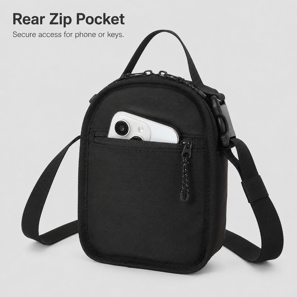 Rear zip pocket for phone and keys on water bottle sling
