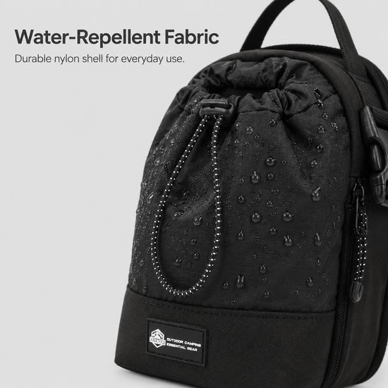 Water-repellent nylon bottle shoulder bag closeup