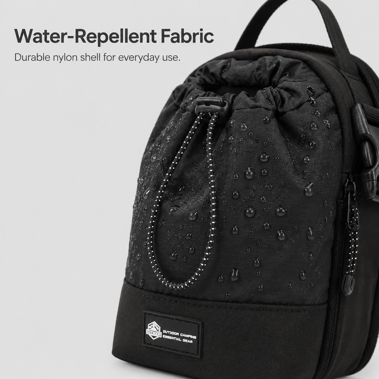 Water-repellent nylon bottle shoulder bag closeup