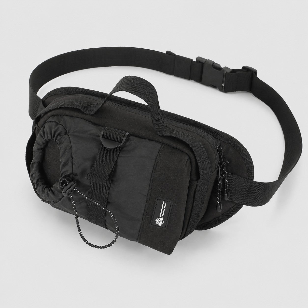 Black water bottle crossbody bag with waist carry strap