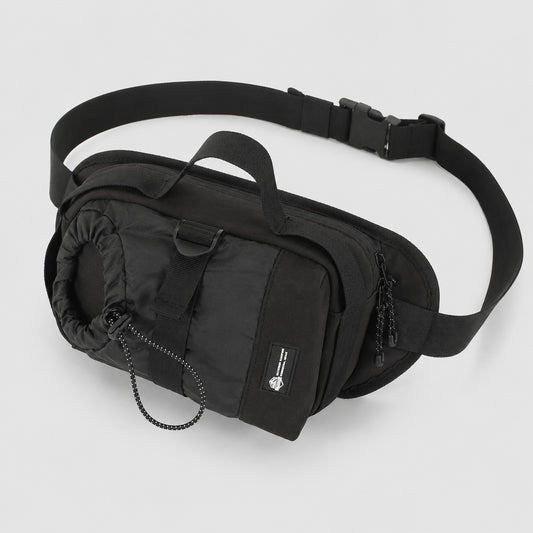 Black water bottle crossbody bag with waist carry strap