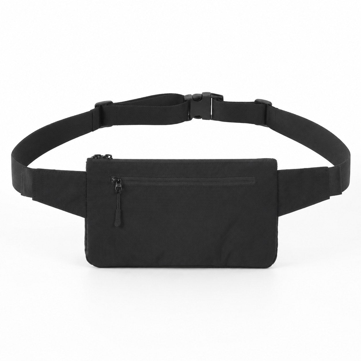Black water bottle waist bag rear view with adjustable strap