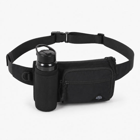 Black water bottle waist bag with side bottle holder