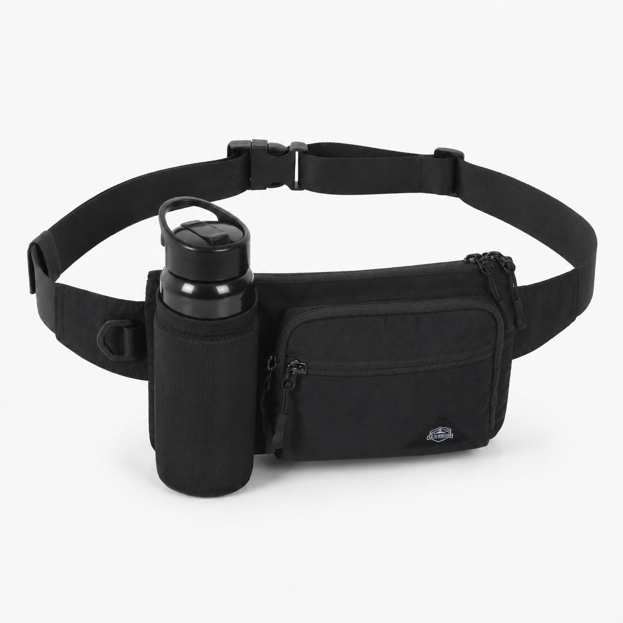 Black water bottle waist bag with side bottle holder