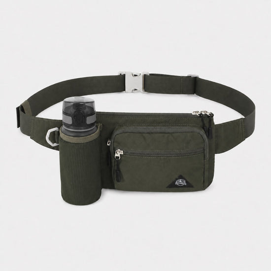 Dark green water bottle fanny pack with quick release buckle
