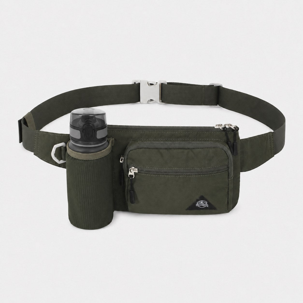 Dark green water bottle fanny pack with quick release buckle