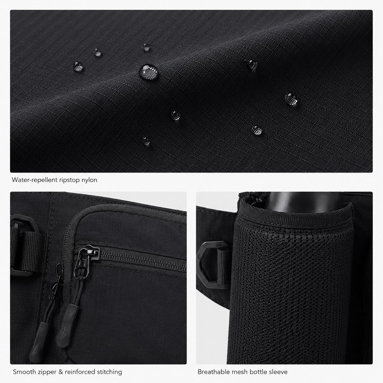 Water-repellent nylon ripstop fabric detail on bottle waist pack