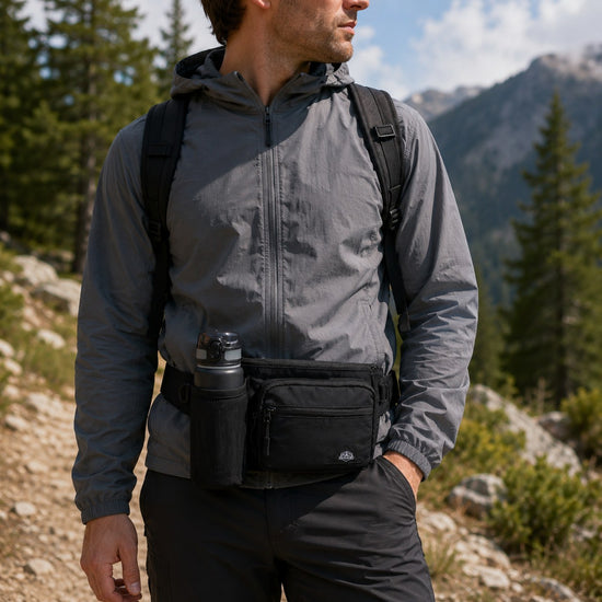 Water bottle waist pack worn for hiking