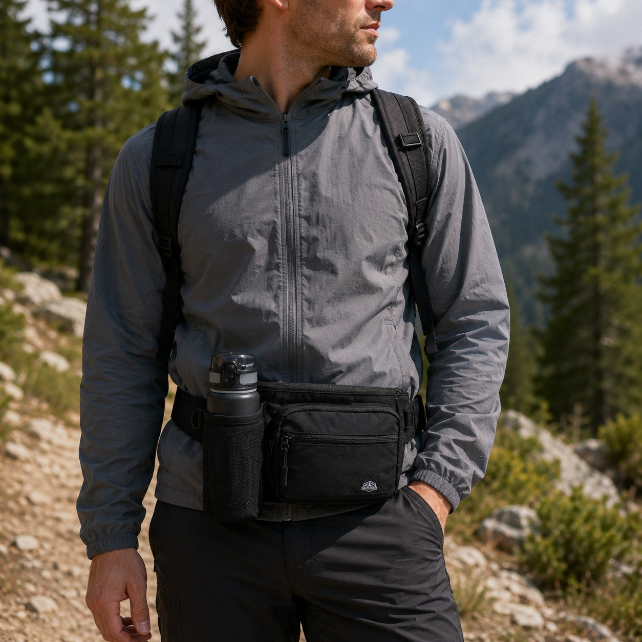 Water bottle waist pack worn for hiking