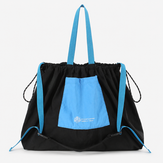 Black and sky blue packable nylon drawstring tote bag
