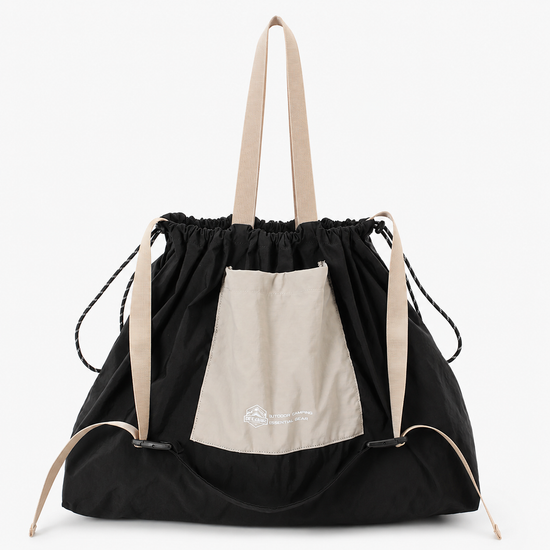 Black cream foldable travel drawstring tote bag