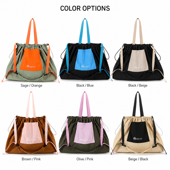 Six color options for OCE GEAR packable drawstring tote bag