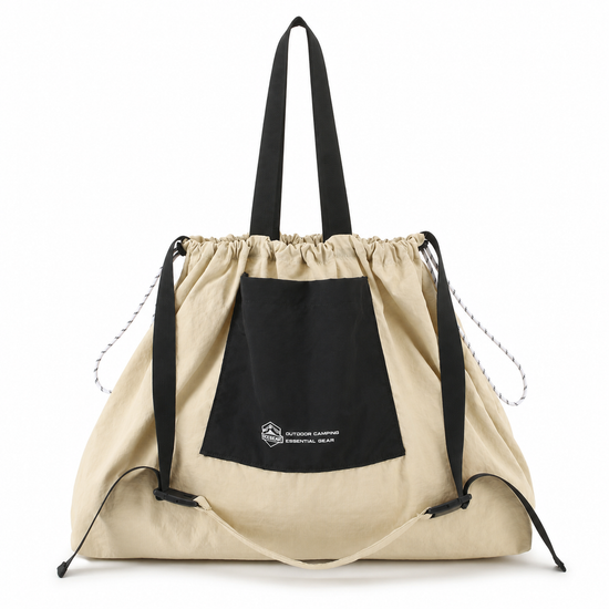 OCE GEAR packable drawstring tote bag cream black front view