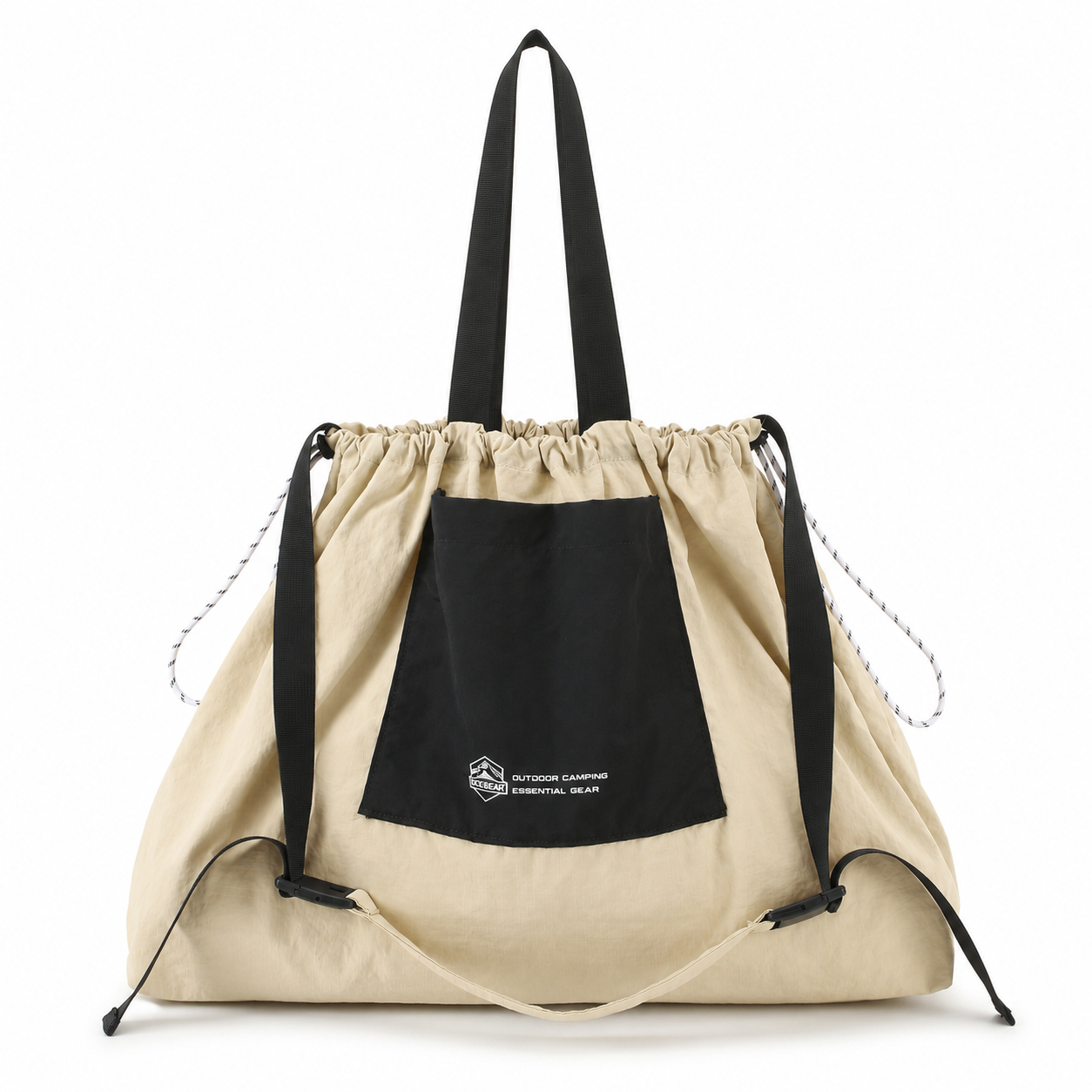 OCE GEAR packable drawstring tote bag cream black front view