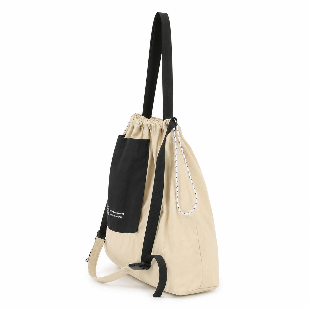 Packable drawstring tote bag side view with adjustable straps