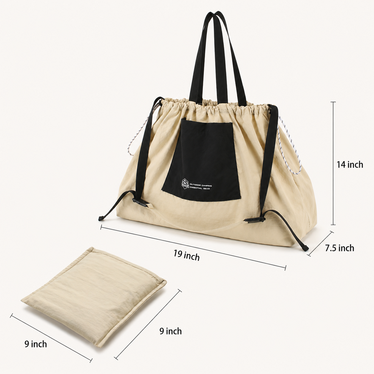 19 by 14 by 7.5 inch packable drawstring tote bag size chart