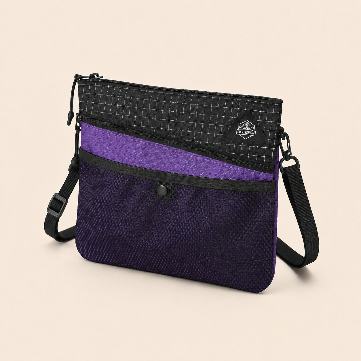 Black purple OCE GEAR lightweight sacoche shoulder bag angled view