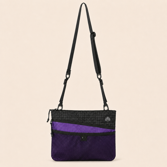 Black purple lightweight sacoche shoulder bag full strap front view