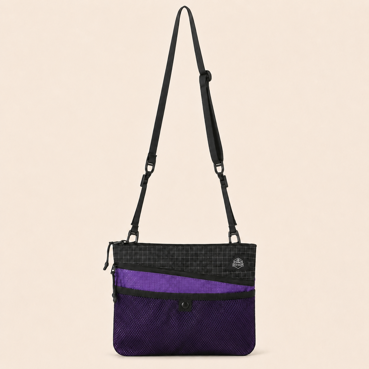 Black purple lightweight sacoche shoulder bag full strap front view