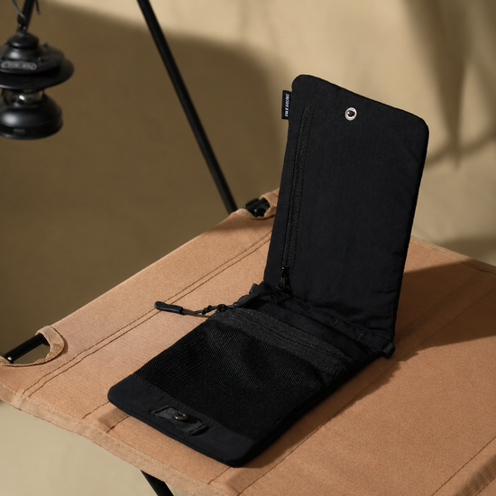 Open RFID travel phone sacoche showing passport and phone organization