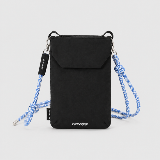 OCE GEAR RFID travel phone sacoche crossbody pouch black front view with rope strap