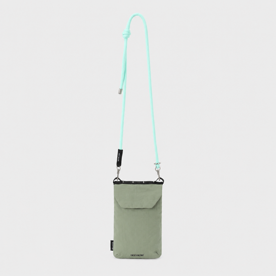 Sage green RFID travel phone pouch with mint rope strap