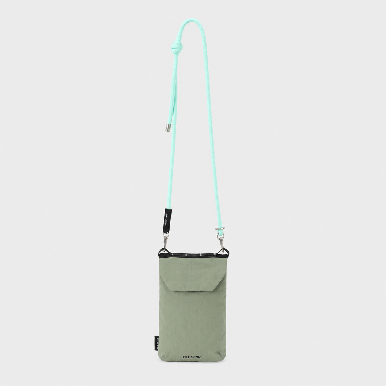 Sage green RFID travel phone pouch with mint rope strap