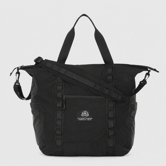 Black packable travel duffel tote bag front view
