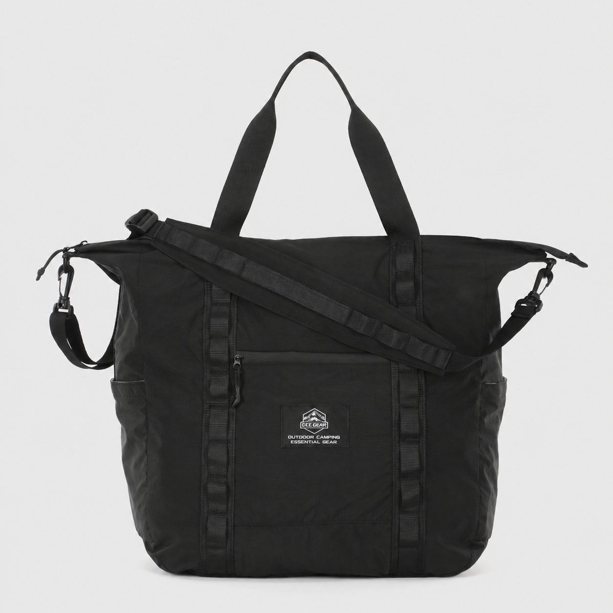 Black packable travel duffel tote bag front view